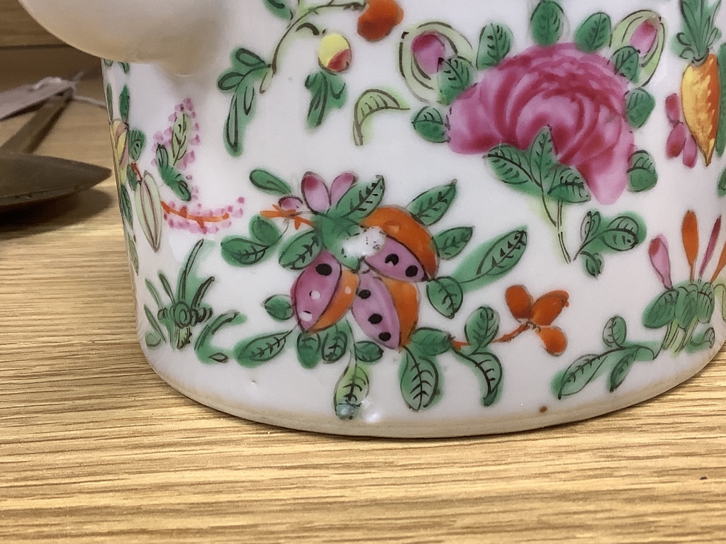 A Chinese famille rose tea pot and a similar jar and cover, tallest 14cm